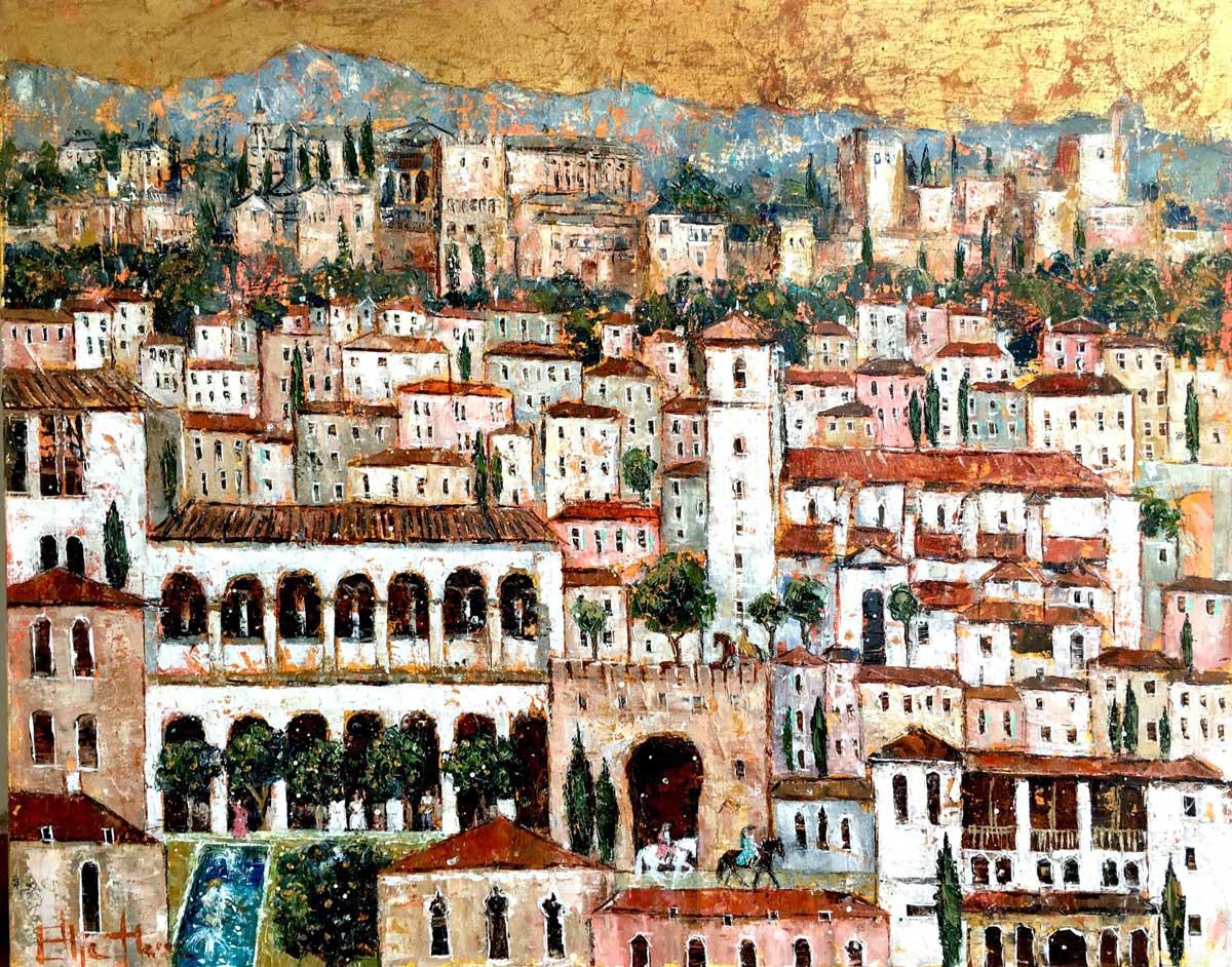 Ellie Hesse Landscape Painting - Granada, Andalucia  - contemporary colourful mixed media painting