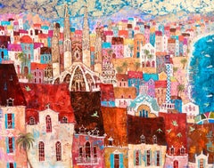 Green Parrots in Barcelona  -vibrant blue and red townscape birds oil on canvas