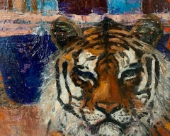 Guardians of the Taj - contemporary colourful townscape India tiger oil painting