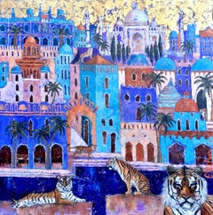 Guardians of the Taj - contemporary colourful townscape India tiger oil painting