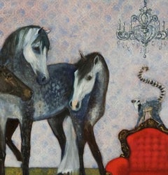 Il Consiglio del Re - cavallo interno contemporaneo Tavola di pittura ad olio