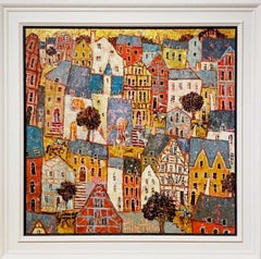 Cavalieri e damigelle - paesaggio contemporaneo colorato dipinto a tecnica mista