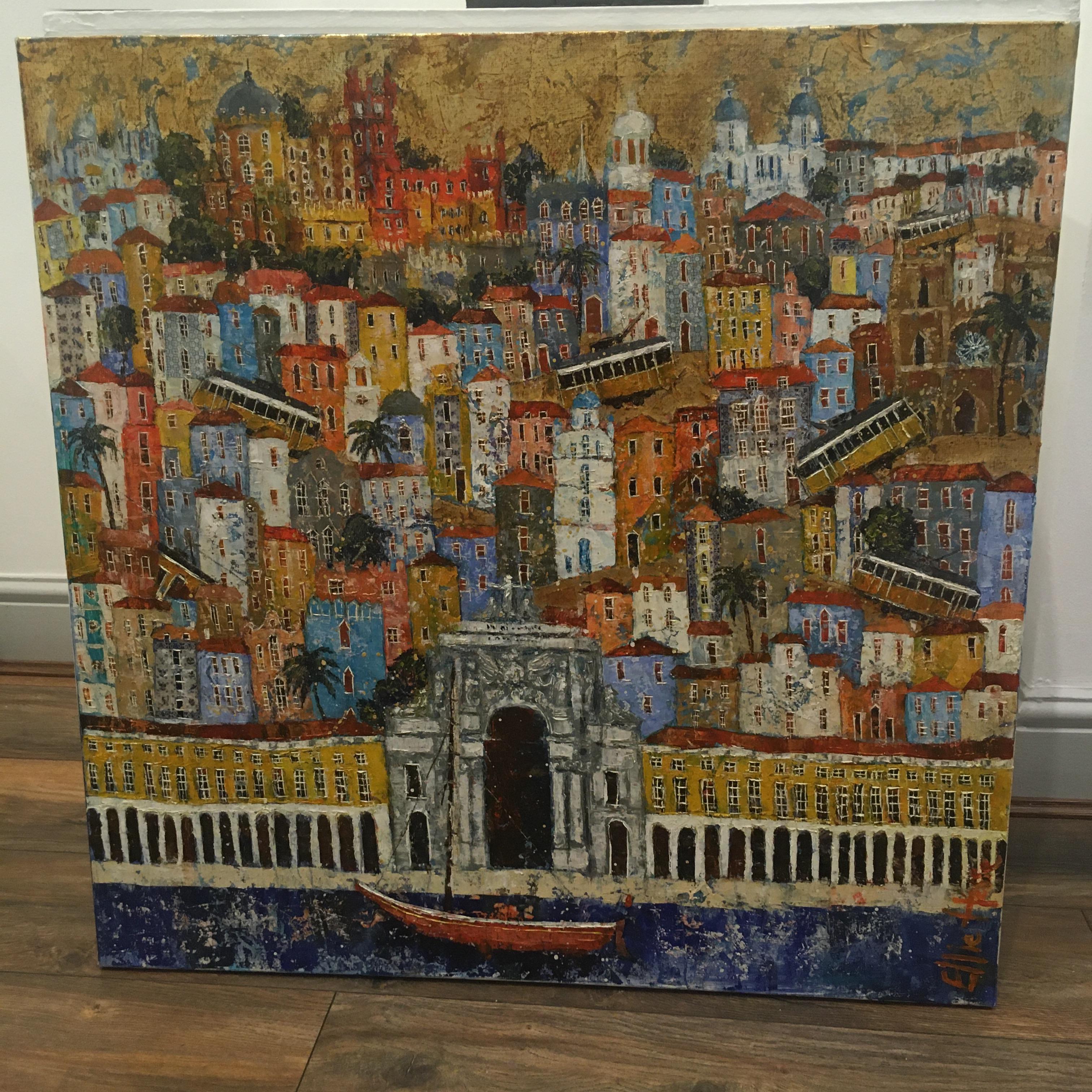 Lisbon - contemporary oil townscape painting - Painting by Ellie Hesse