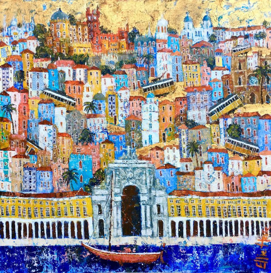 Ellie Hesse Landscape Painting - Lisbon - contemporary oil townscape painting