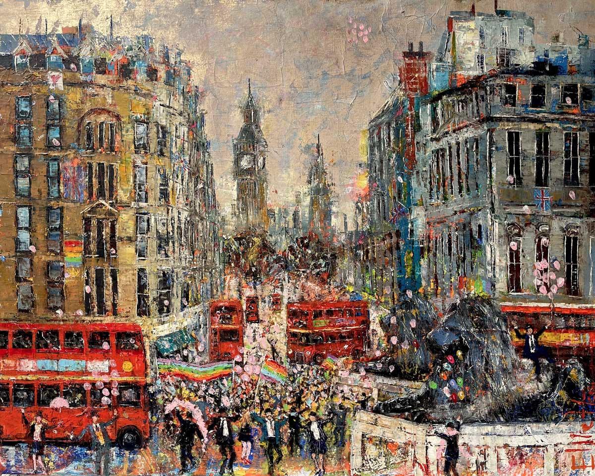 London Pride - contemporary landscape colourful mixed media painting - Contemporary Painting by Ellie Hesse