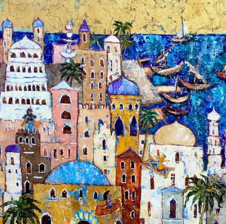Magic Carpet Ride - An Exotic, Colourful City: Oil on Canvas - Painting by Ellie Hesse