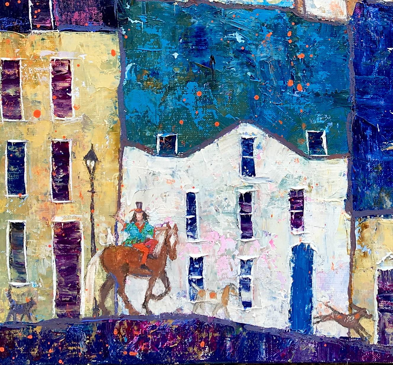 Me, Myself and I -vibrant blue and white townscape horse oil on canvas - Painting by Ellie Hesse