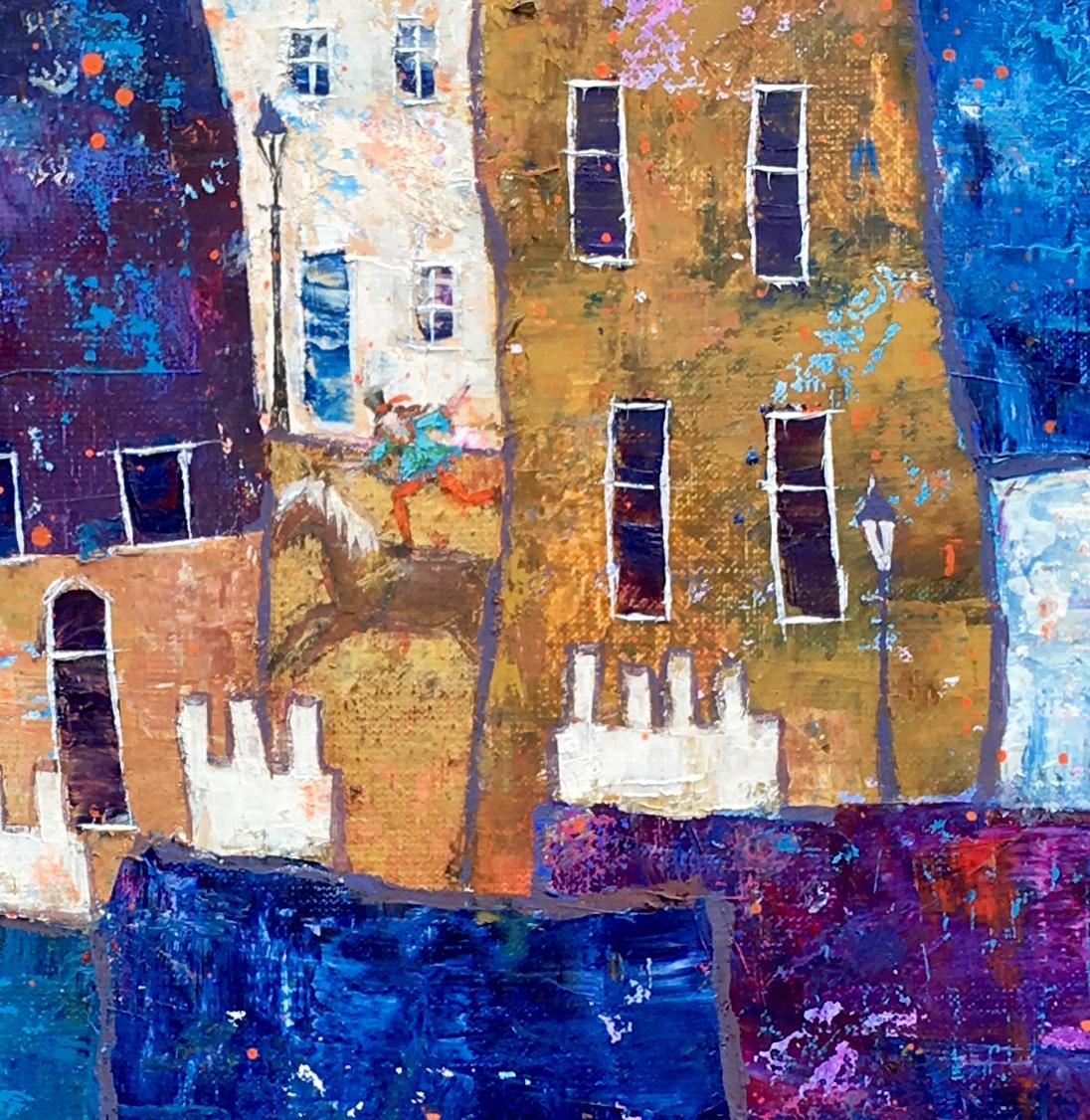 Me, Myself and I -vibrant blue and white townscape horse oil on canvas - Contemporary Painting by Ellie Hesse