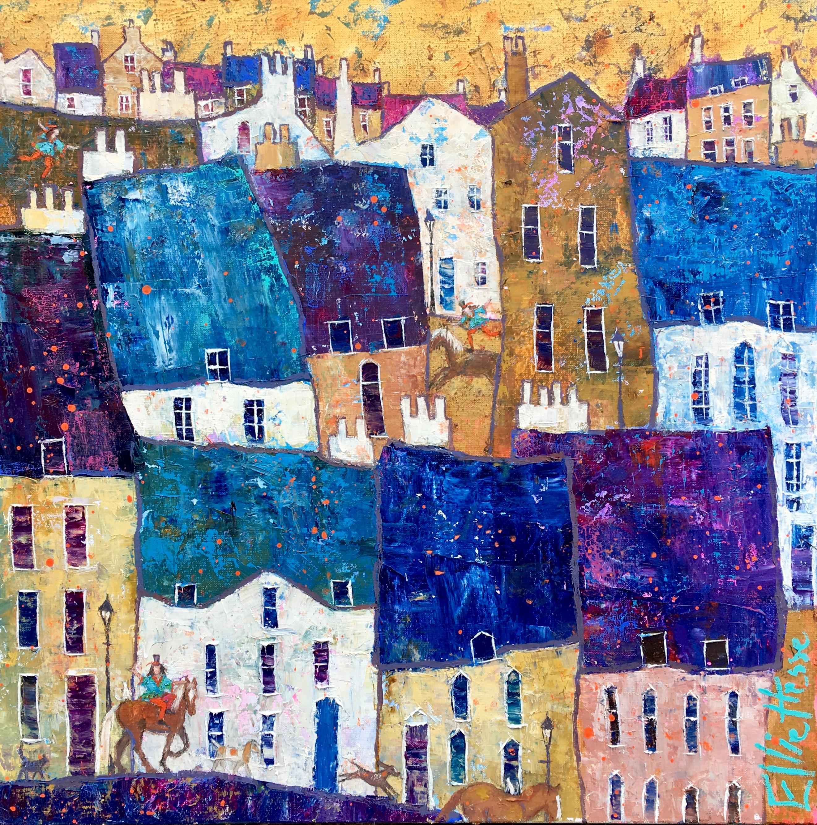 Ellie Hesse Figurative Painting - Me, Myself and I -vibrant blue and white townscape horse oil on canvas