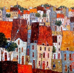 Mischief -vibrant yellow and orange townscape bicycle oil on canvas