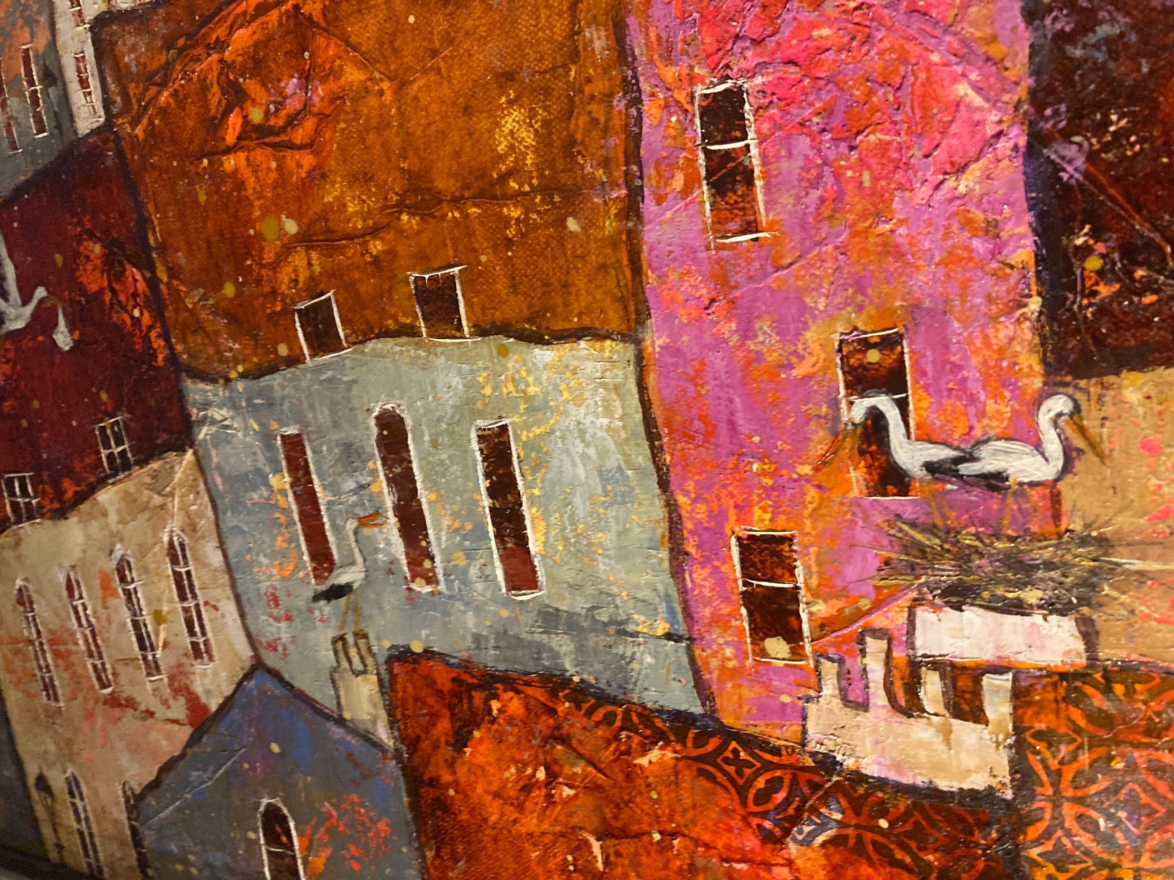 Nest Building - contemporary vibrant townscape white storks oil painting - Painting by Ellie Hesse