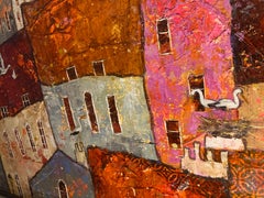 Nest Building - contemporary vibrant townscape white storks oil painting
