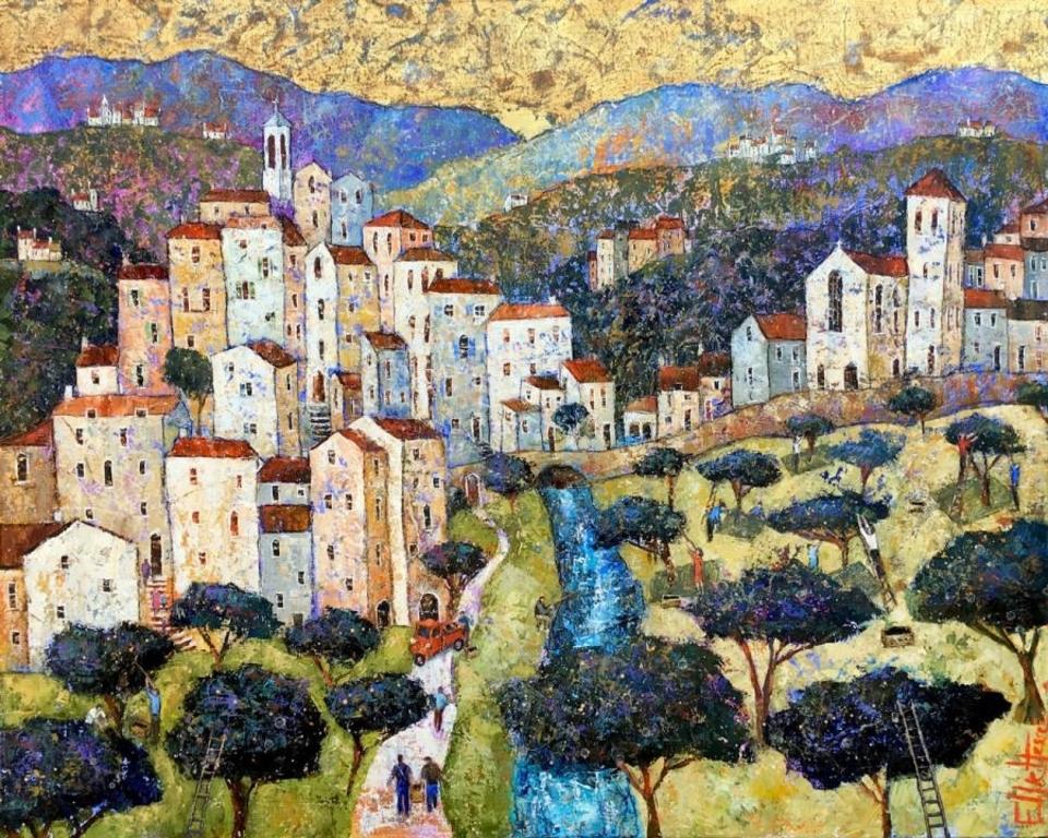 Ellie Hesse Landscape Painting - Olive Harvest, Central Italy - contemporary oil townscape painting