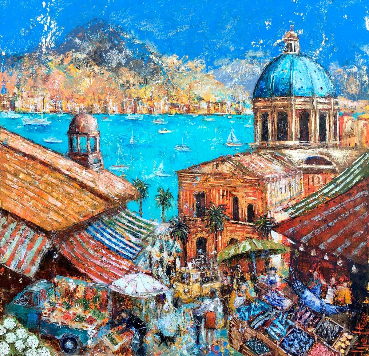 Ellie Hesse Landscape Painting - Palermo, Sicily - contemporary landscape colourful mixed media painting