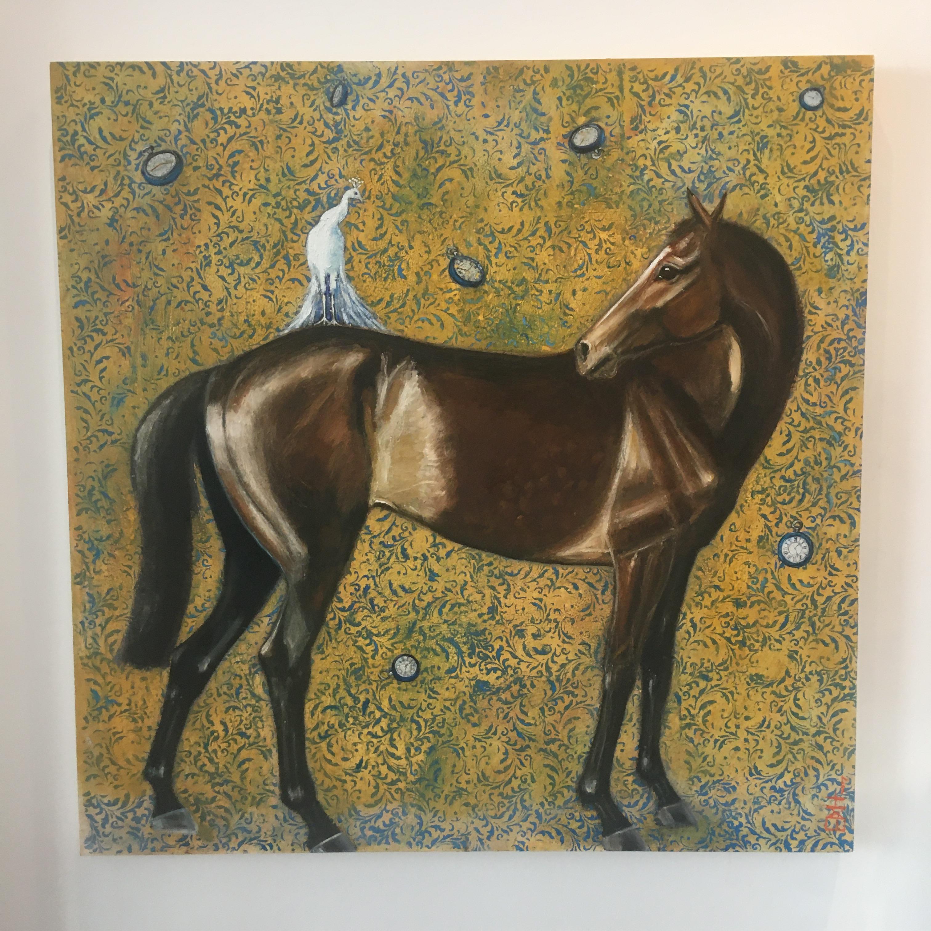 Perso del Tempo - contemporary oil painting, horse bird clocks decorative - Painting by Ellie Hesse