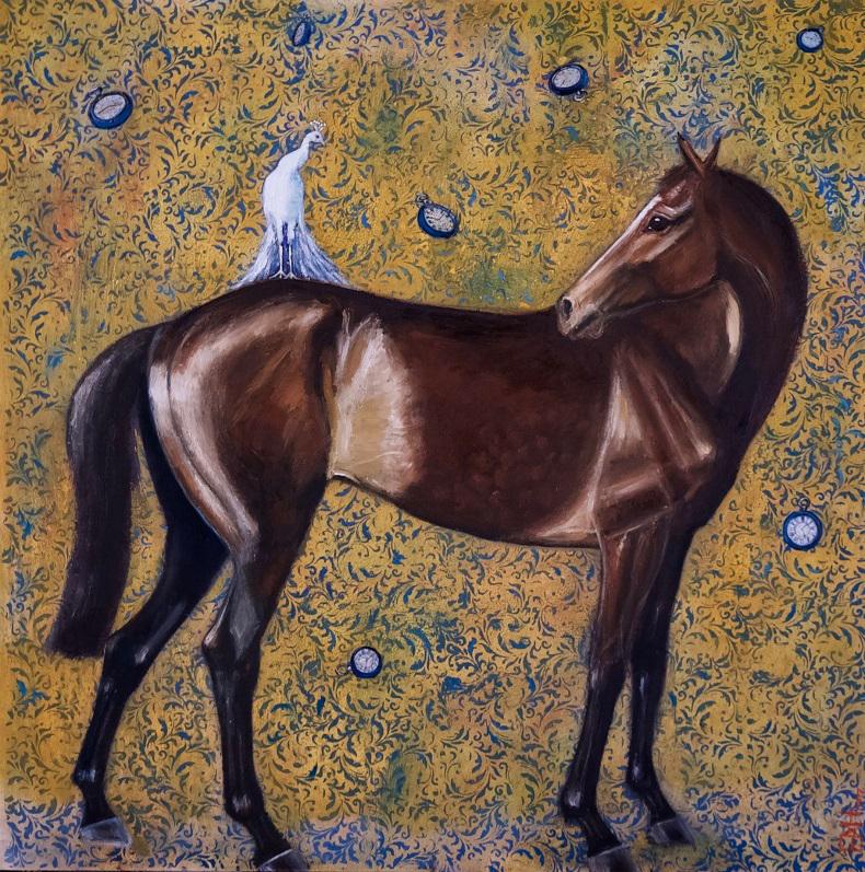 Ellie Hesse Abstract Painting - Perso del Tempo - contemporary oil painting, horse bird clocks decorative