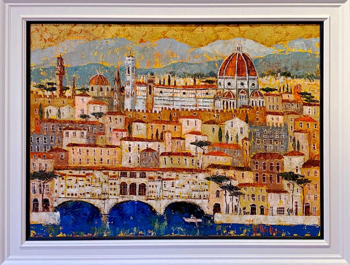 Ponte Vecchio- contemporary landscape colourful mixed media painting - Painting by Ellie Hesse