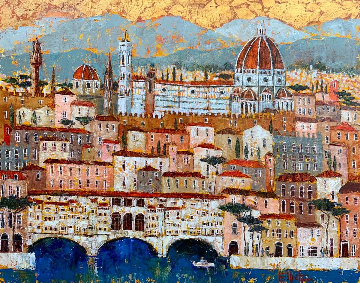 Ellie Hesse Animal Painting - Ponte Vecchio- contemporary landscape colourful mixed media painting