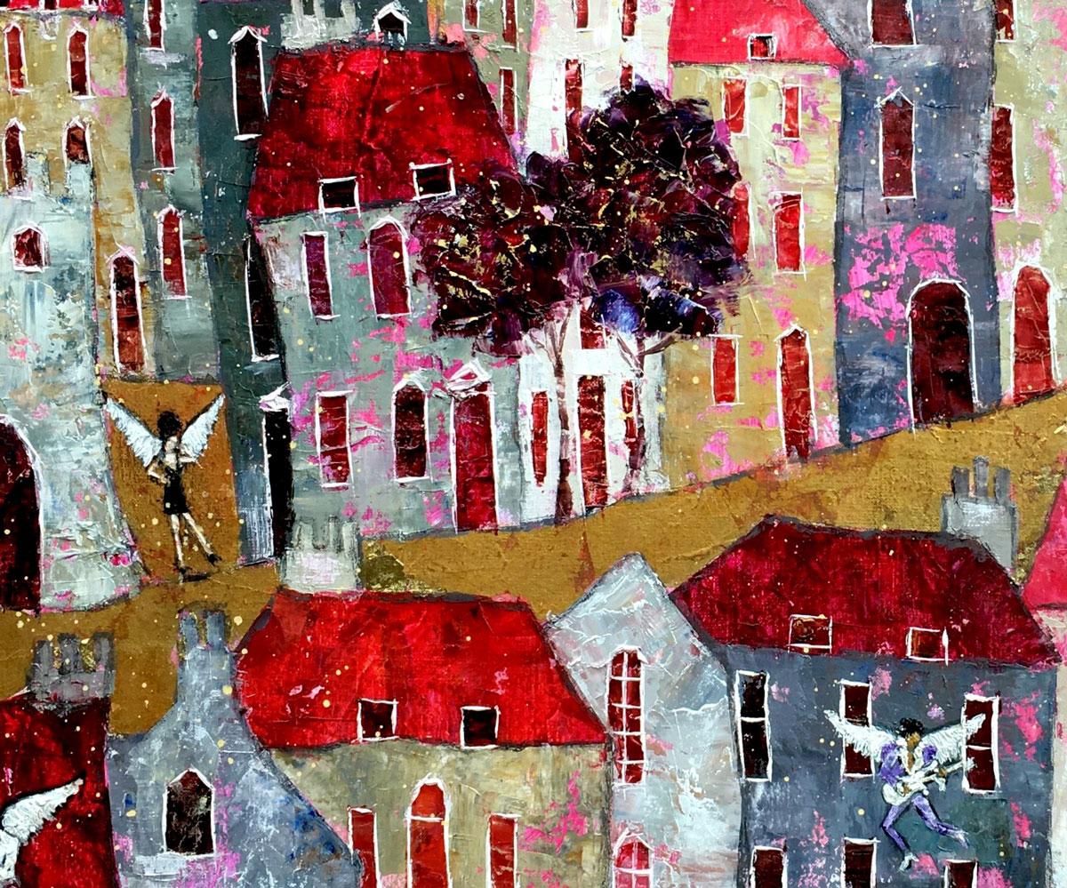 Pop Paradise - contemporary figurative colorful townscape mixed media painting - Painting by Ellie Hesse