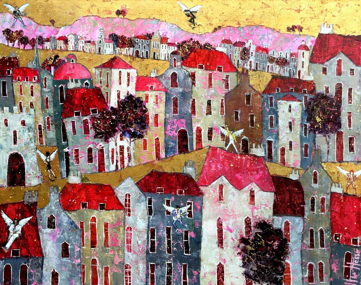 Ellie Hesse Figurative Painting - Pop Paradise - contemporary figurative colorful townscape mixed media painting
