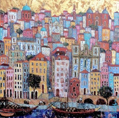 Porto Harbourside - contemporary colourful Italian townscape golden oil painting
