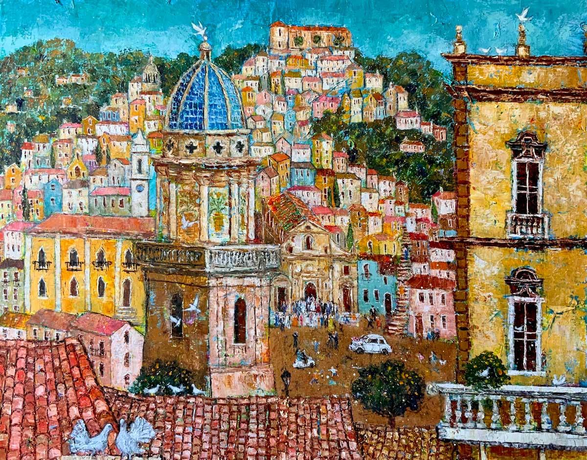 Ellie Hesse Landscape Painting - Sicilian Wedding - contemporary urban Italian landscape colorful oil painting