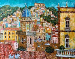 Sicilian Wedding - contemporary urban Italian landscape colorful oil painting