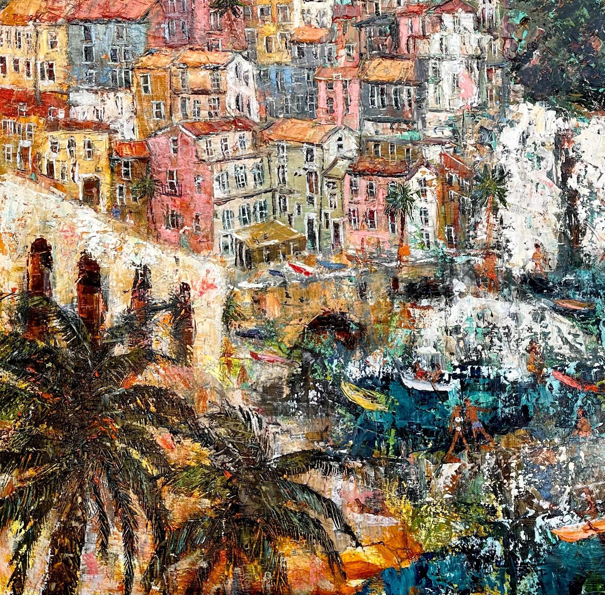 Verano en Italia, Cinque Terre - colorido paisaje contemporáneo - Painting de Ellie Hesse