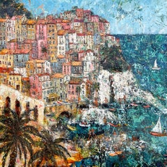 Verano en Italia, Cinque Terre - colorido paisaje contemporáneo