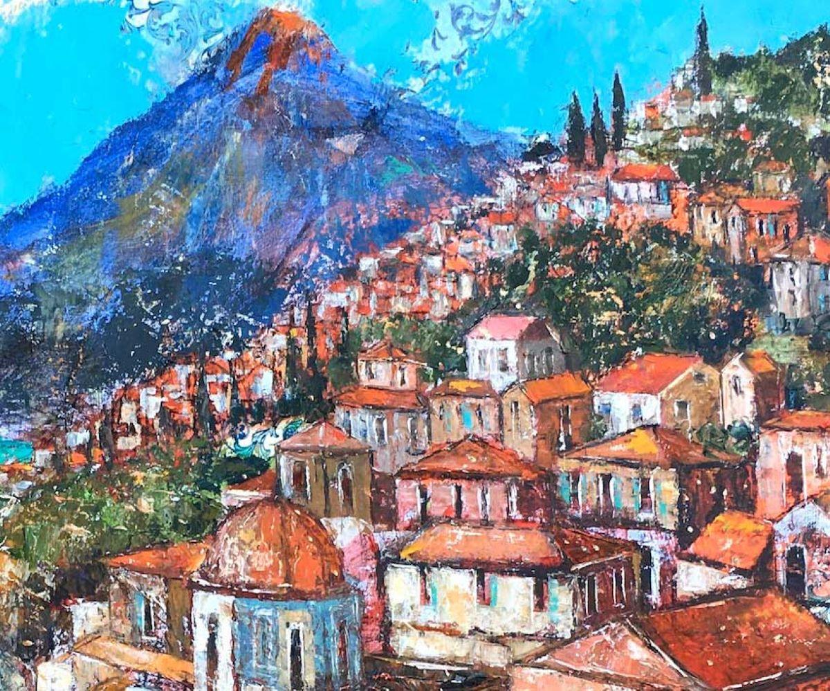 Taormina, Sicily - contemporary landscape colourful mixed media painting - Painting by Ellie Hesse