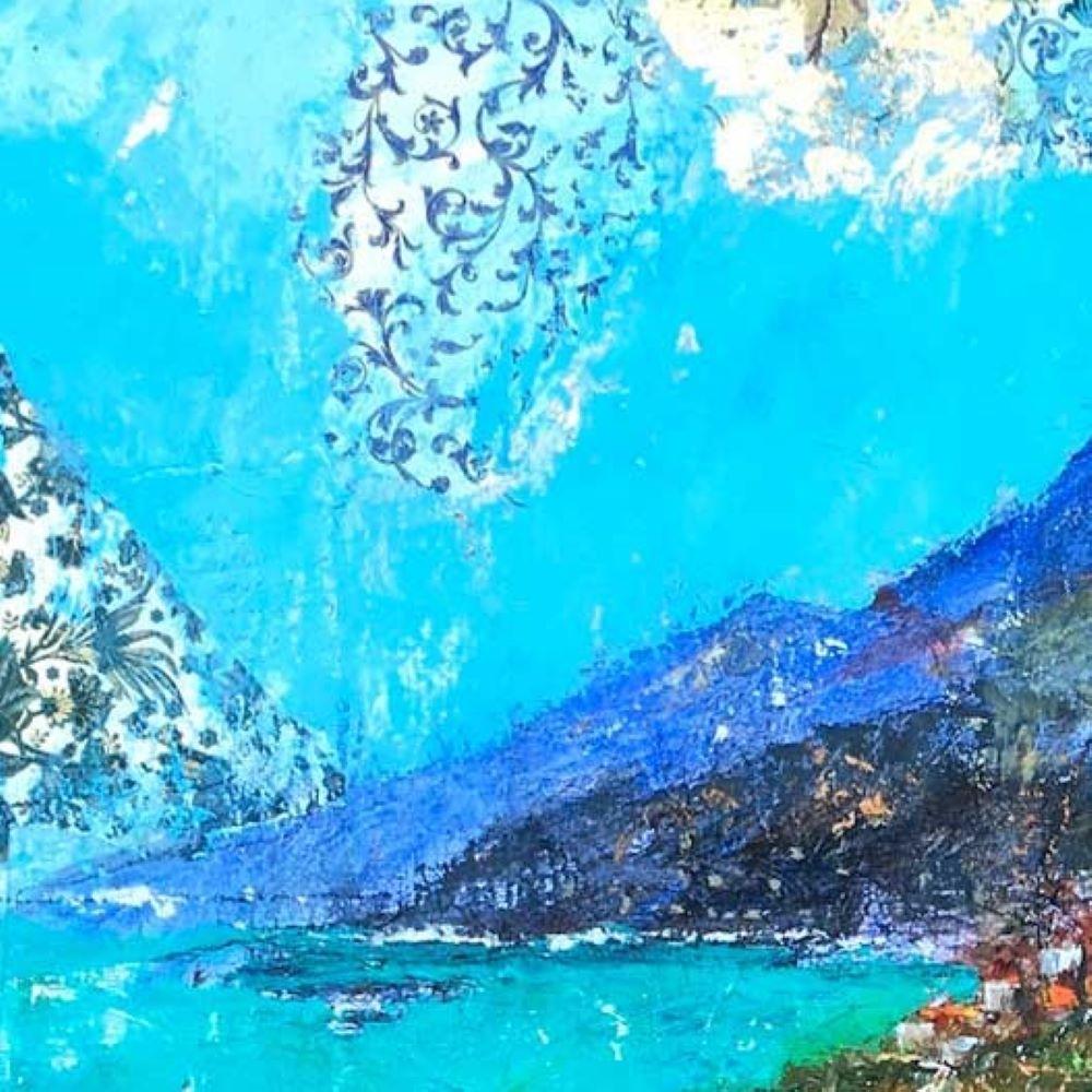 Taormina, Sizilien - Zeitgenössische Landschaft, farbige Mischtechnik (Blau), Landscape Painting, von Ellie Hesse