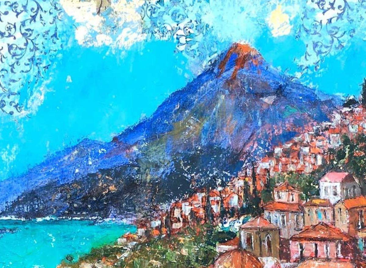 Taormina, Sicily - contemporary landscape colourful mixed media painting For Sale 1
