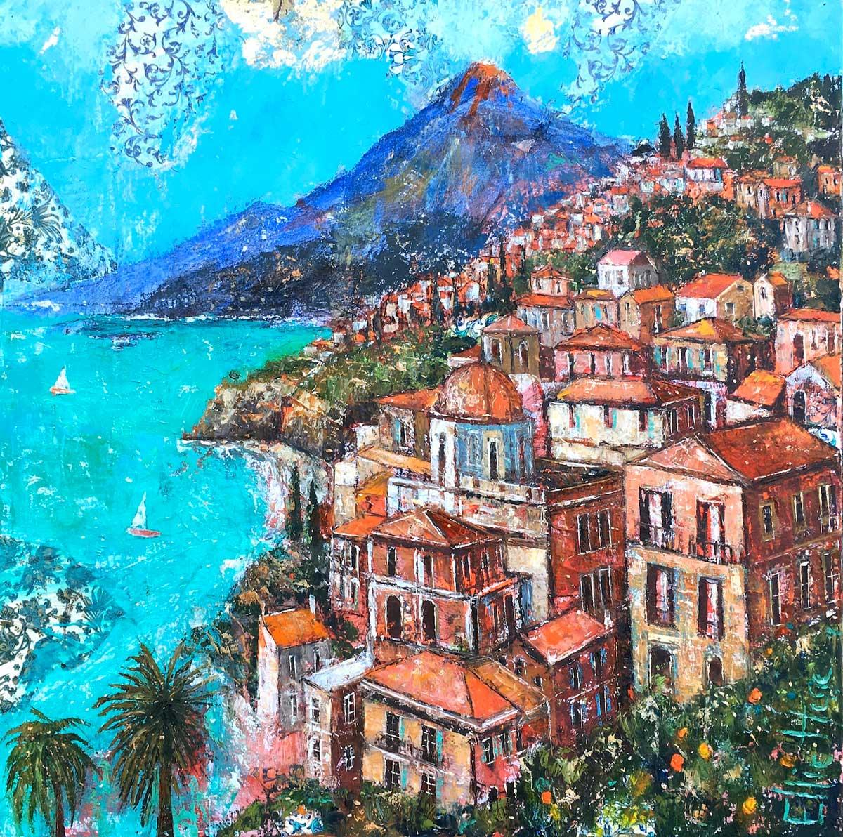 Ellie Hesse Landscape Painting - Taormina, Sicily - contemporary landscape colourful mixed media painting