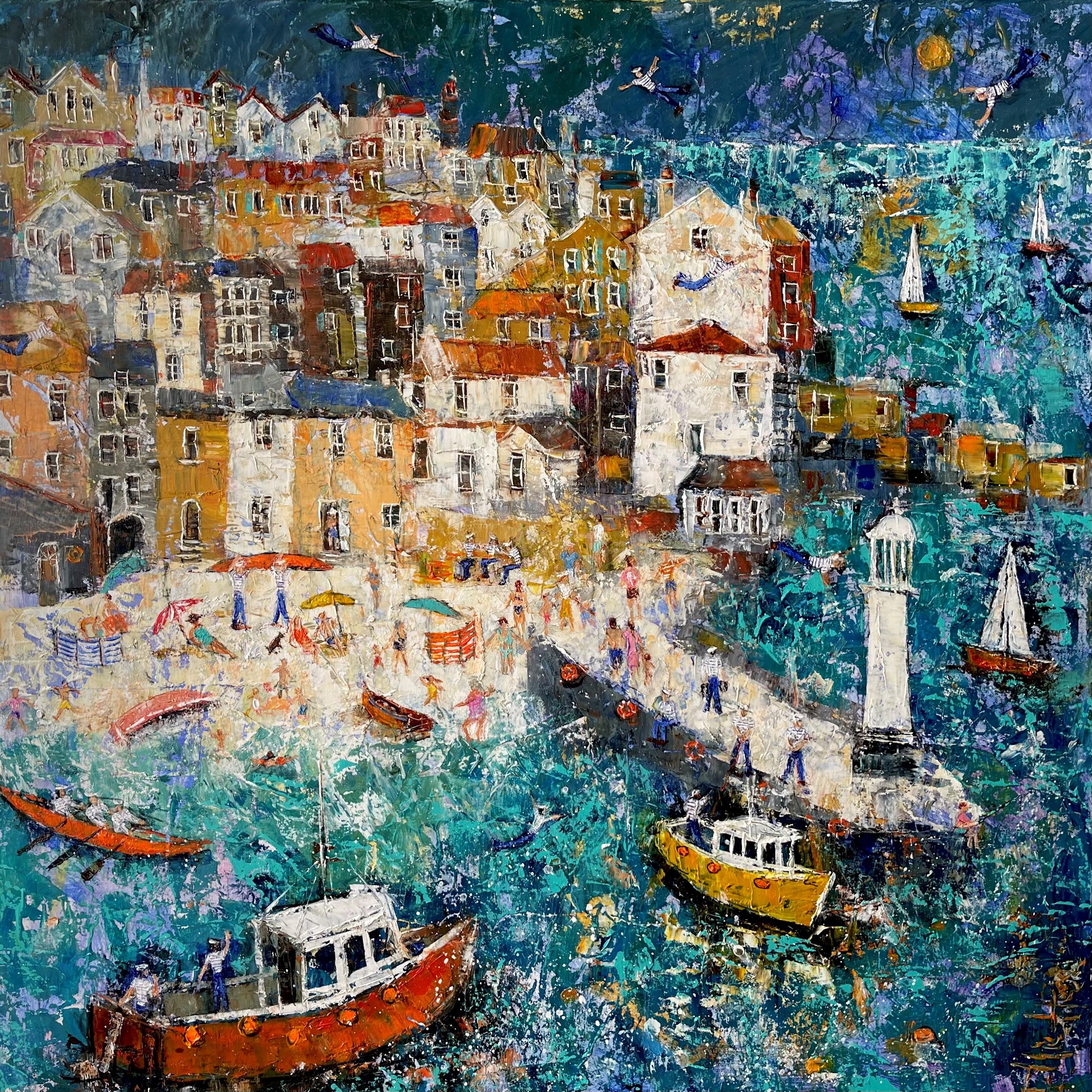 Los Marineros Voladores de St Ives- paisaje contemporáneo colorista - Painting de Ellie Hesse