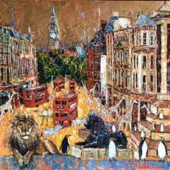 The Great Escape, London Zoo - Lions, Penguins and Busses: Oil Paint on Canvas