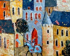 The Kings Colours (Jousting) - Colourful City Scene: Gold Leaf & Oil on Canvas