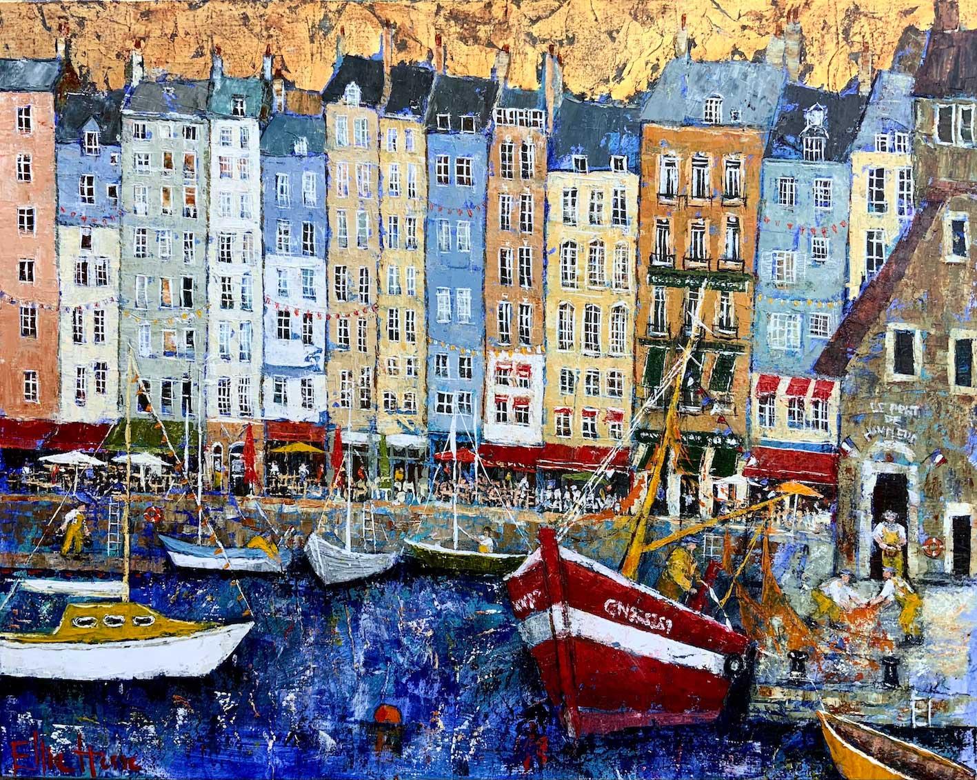 Il porto di Honfleur - paesaggio contemporaneo colorato dipinto a tecnica mista - Painting di Ellie Hesse