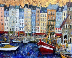 Port of Honfleur – zeitgenössisches, farbenfrohes Gemälde in Mischtechnik