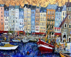 Il porto di Honfleur - paesaggio contemporaneo colorato dipinto a tecnica mista