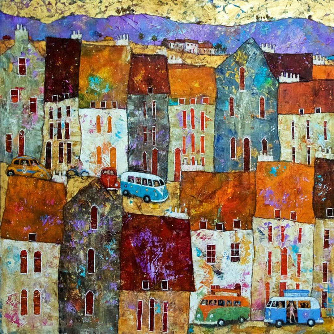 Ellie Hesse Figurative Painting - The Road to San Francisco -vibrant blue and orange townscape oil on canvas