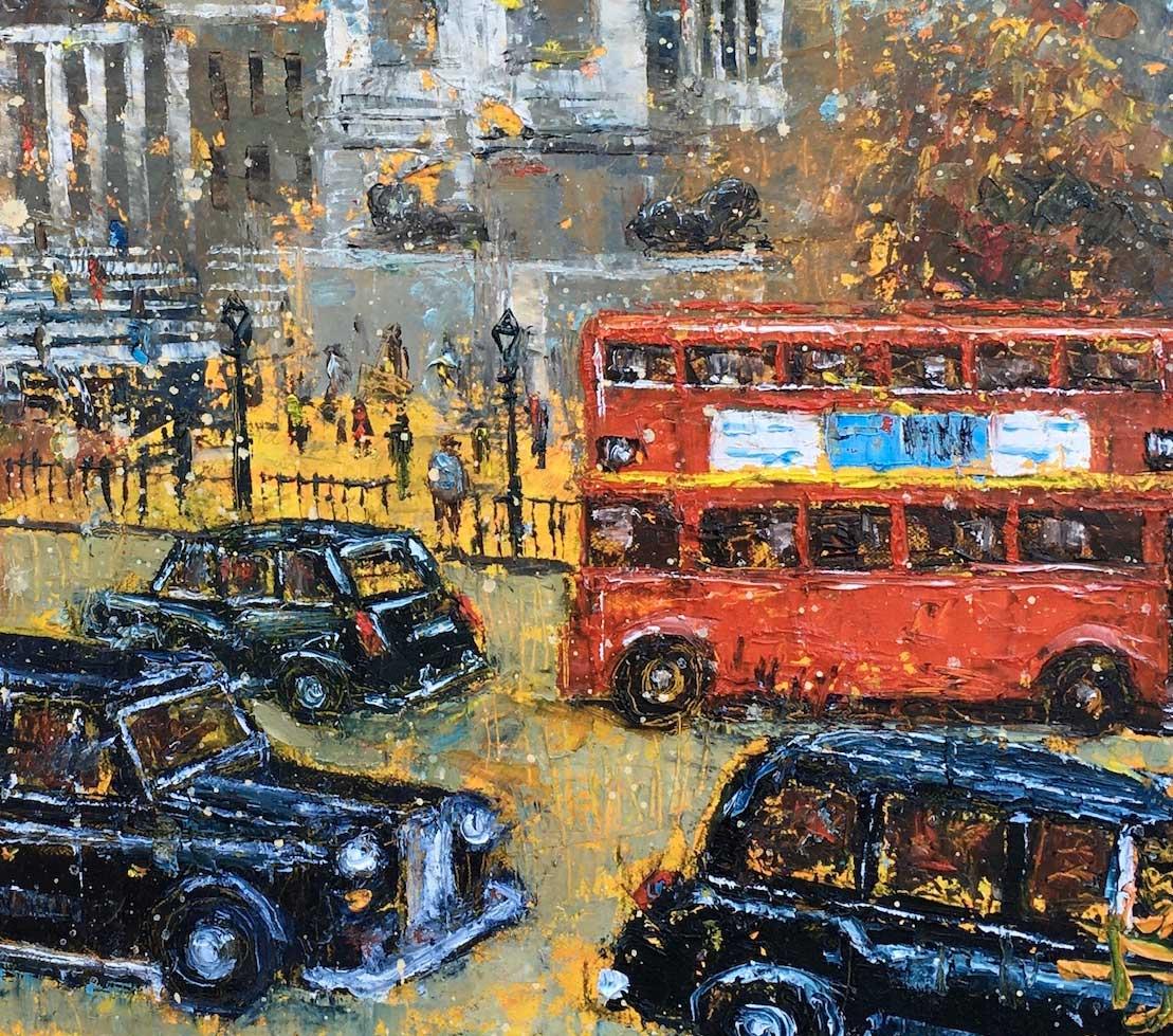 Trafalgar Square - Zeitgenössische Landschaft, farbenfrohes Gemälde in Mischtechnik – Painting von Ellie Hesse
