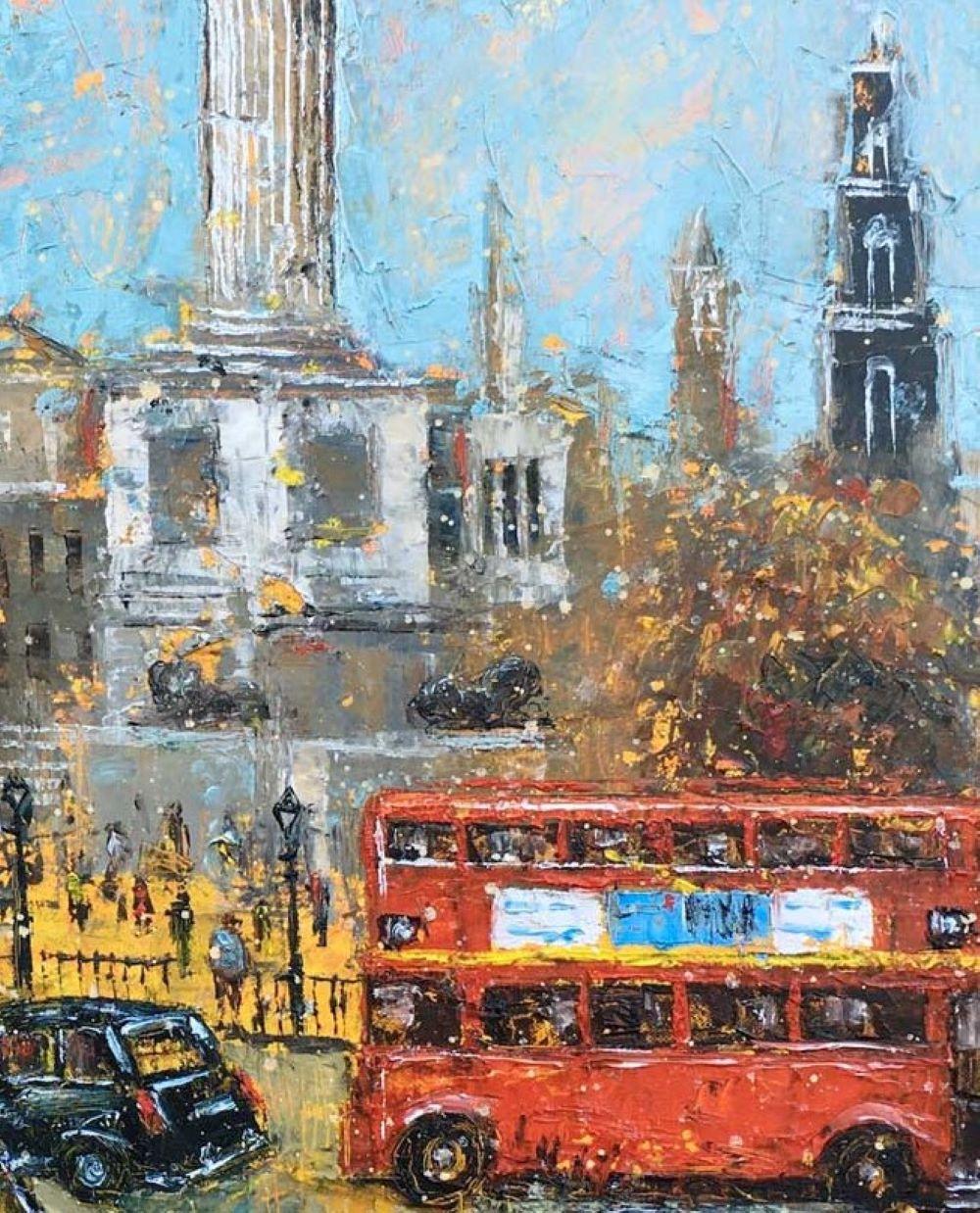 Trafalgar Square - Zeitgenössische Landschaft, farbenfrohes Gemälde in Mischtechnik im Angebot 1