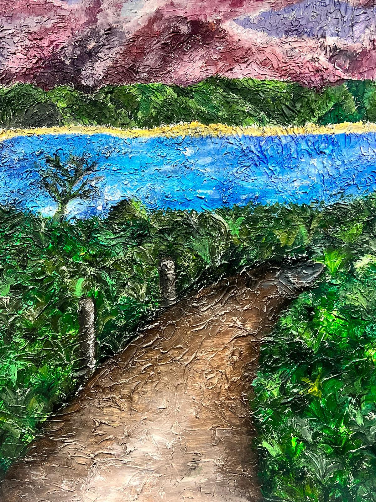 Padstow Küste
von Ellie Park (Britische Künstlerin des 21. Jahrhunderts)
dicke Acryl/Öl-Impasto-Malerei auf Leinwand 
verso signiert
Gemälde: 35 x 35 Zoll 
Zustand: guter und gesunder Zustand 