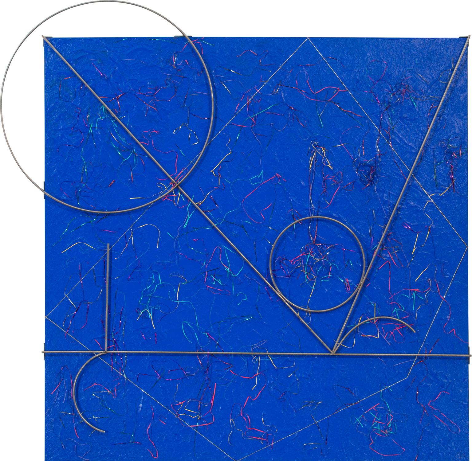 ELLIE RILEY – "TACTILE VISIONS-BLUE"
Acrylic & Stainless Steel on Canvas with Tinsel ⚜ Hand Signed, Dated & Titled Verso ⚜ Frameless Display

DIMENSIONAL MIXED MEDIA WITH GEOMETRIC FORMS AND LUMINOUS TEXTURE
Ellie Riley’s "Tactile Visions-Blue" is a