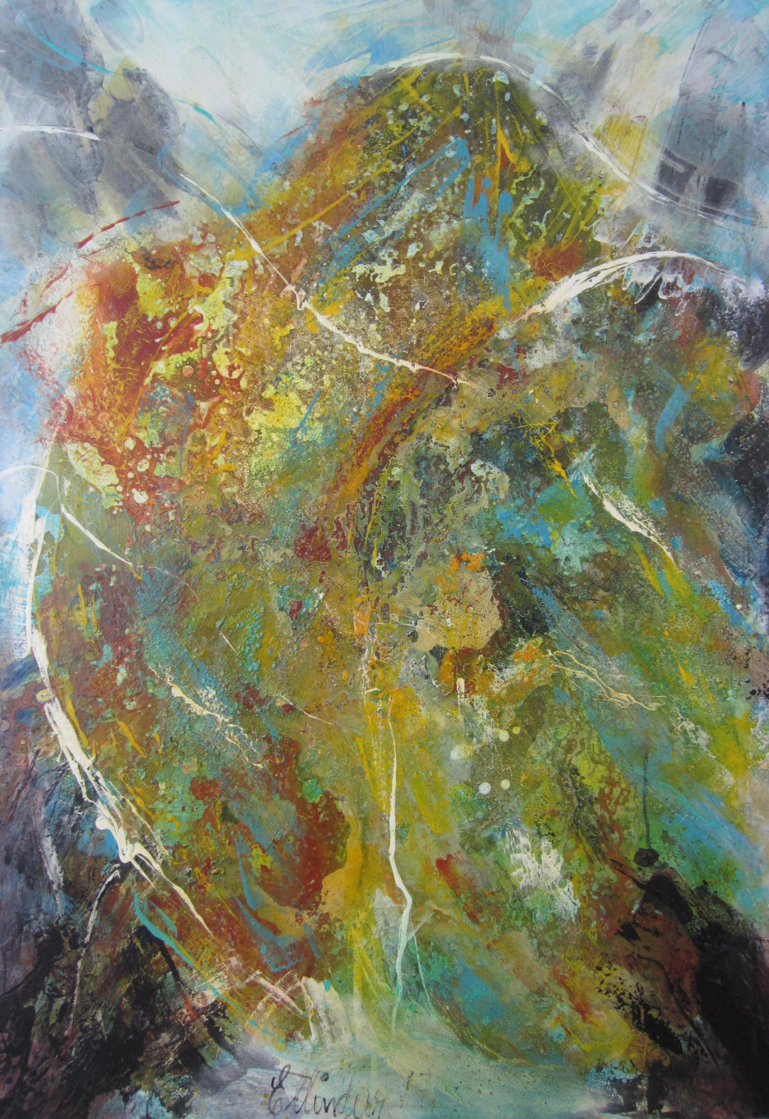 Ellindur Egilstrøđ Abstract Painting - "Morning has broken" - Semi-abstract landscape. Mixed media with oil on canvas.