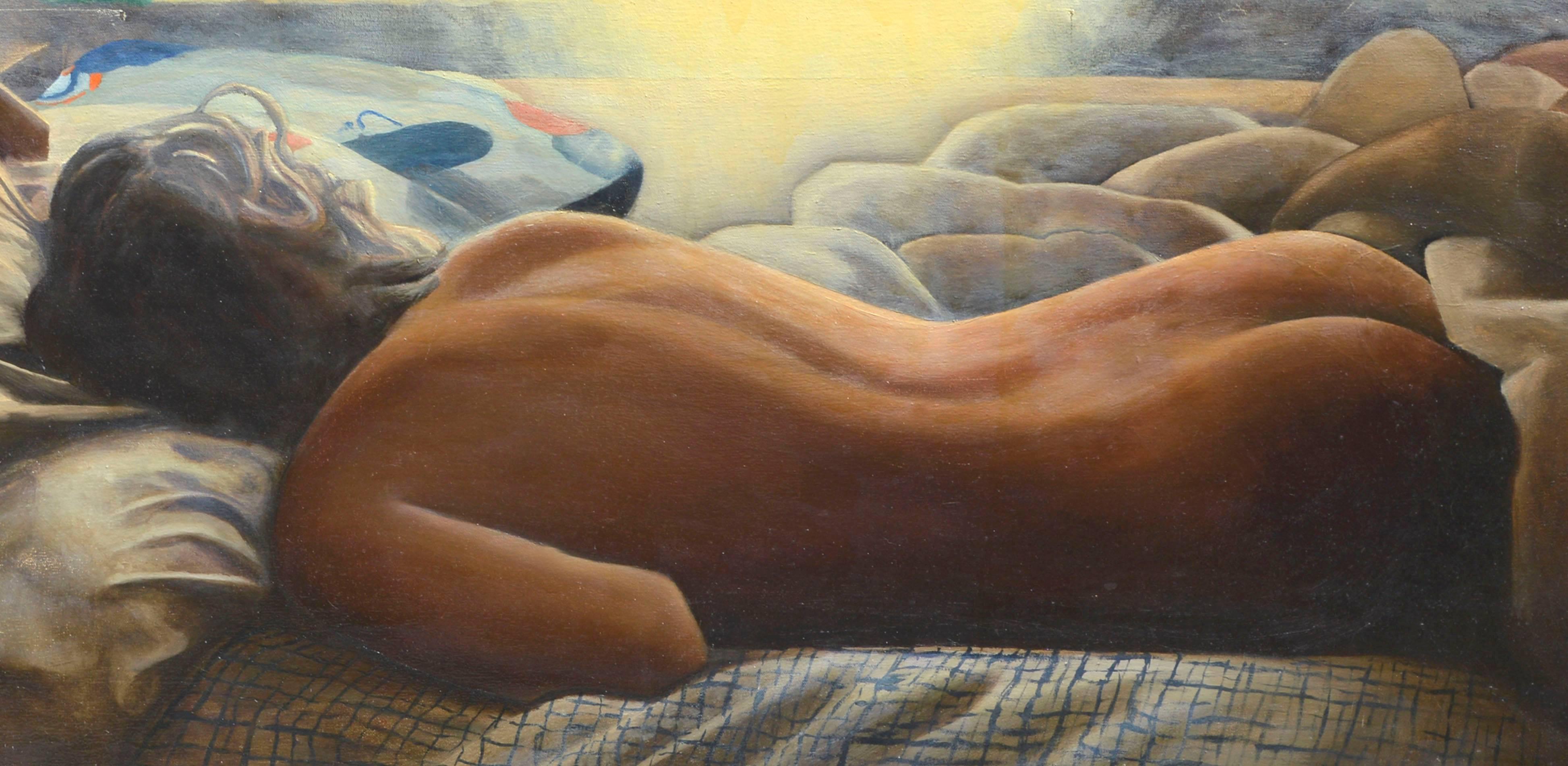 Figura desnuda reclinada a la luz de la mañana - Figurative Painting Negro de Elliot