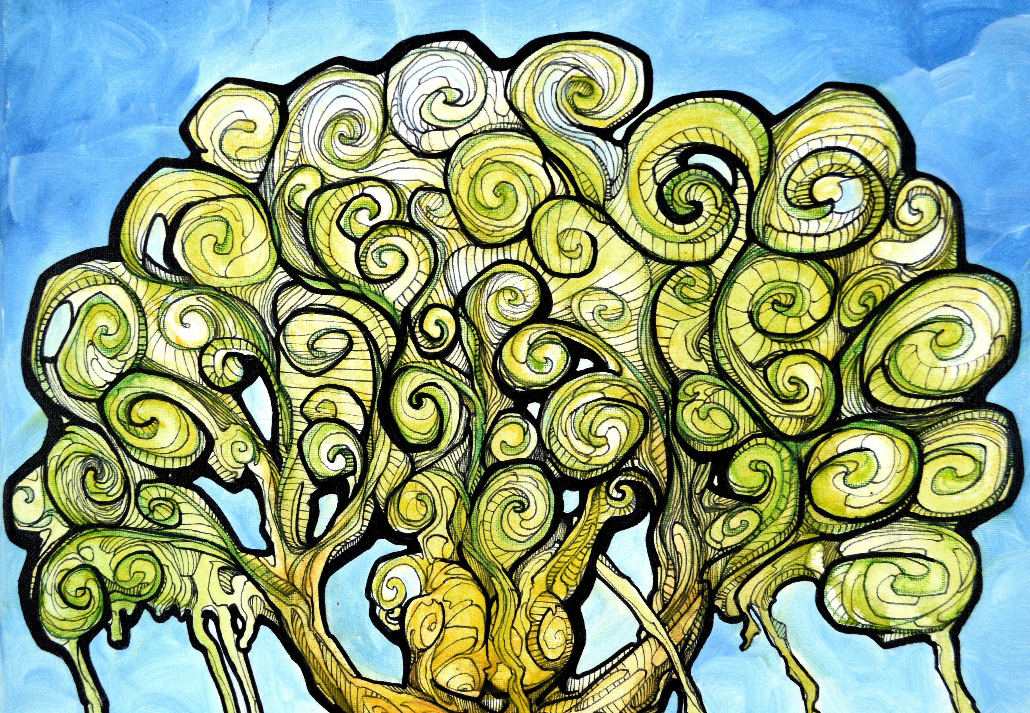 Gli alberi si abbracciano, astratto visionario contemporaneo - Painting di Elliott Bliss 