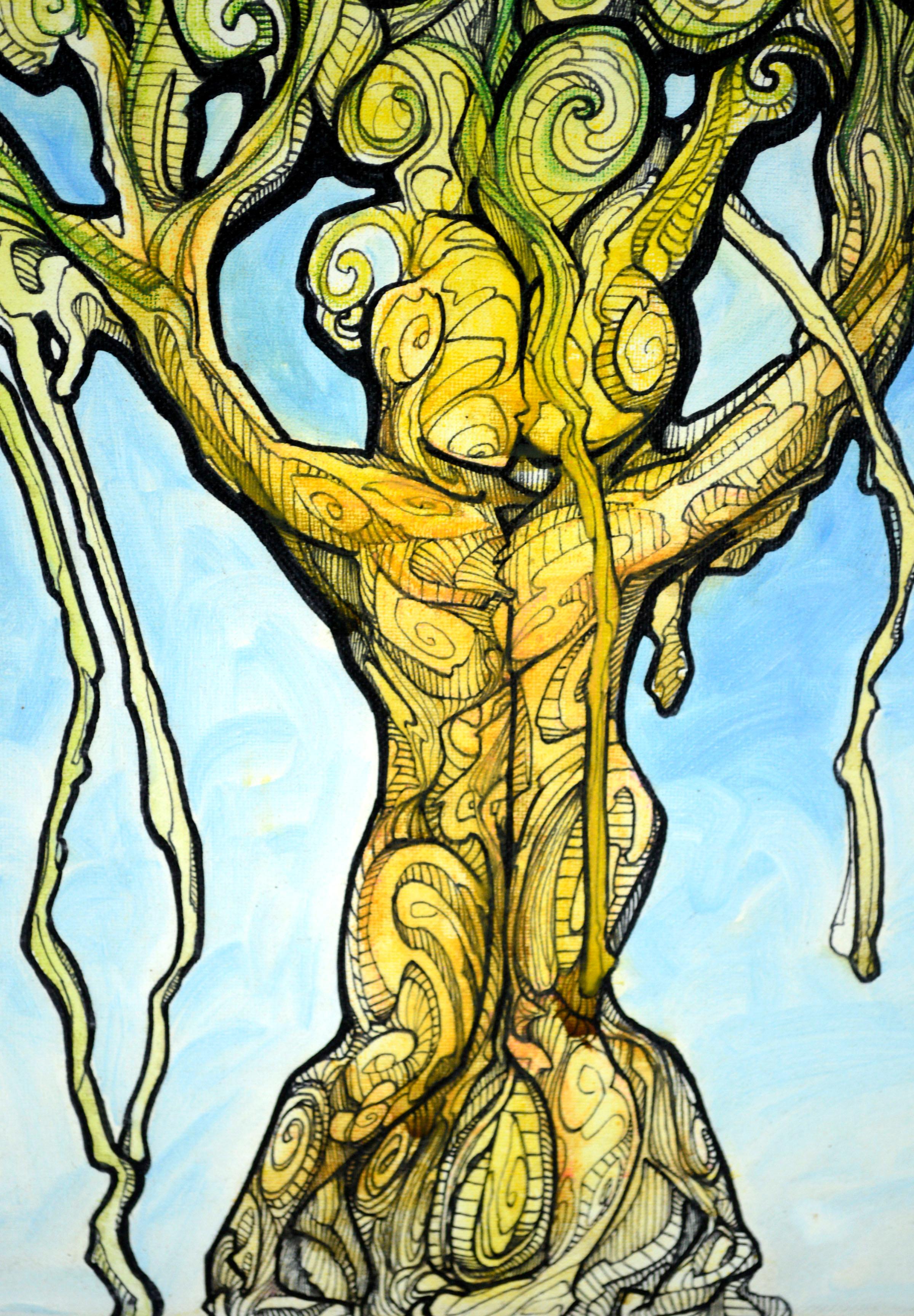 Gli alberi si abbracciano, astratto visionario contemporaneo - Painting Contemporaneo di Elliott Bliss 