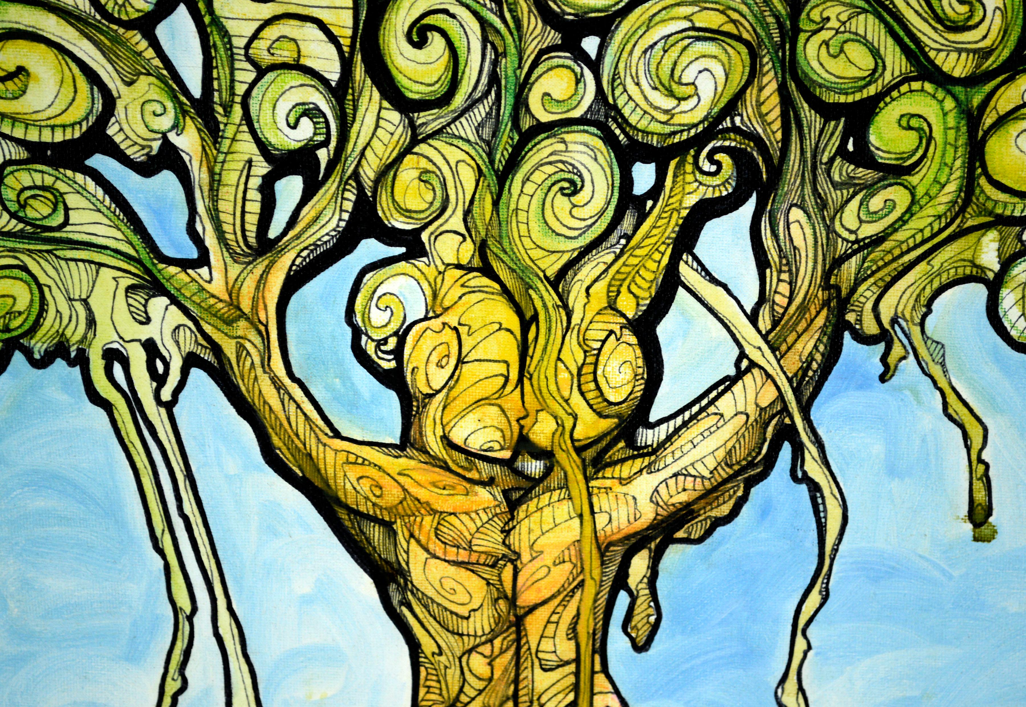 Gli alberi si abbracciano, astratto visionario contemporaneo - Figurative Painting Verde di Elliott Bliss 
