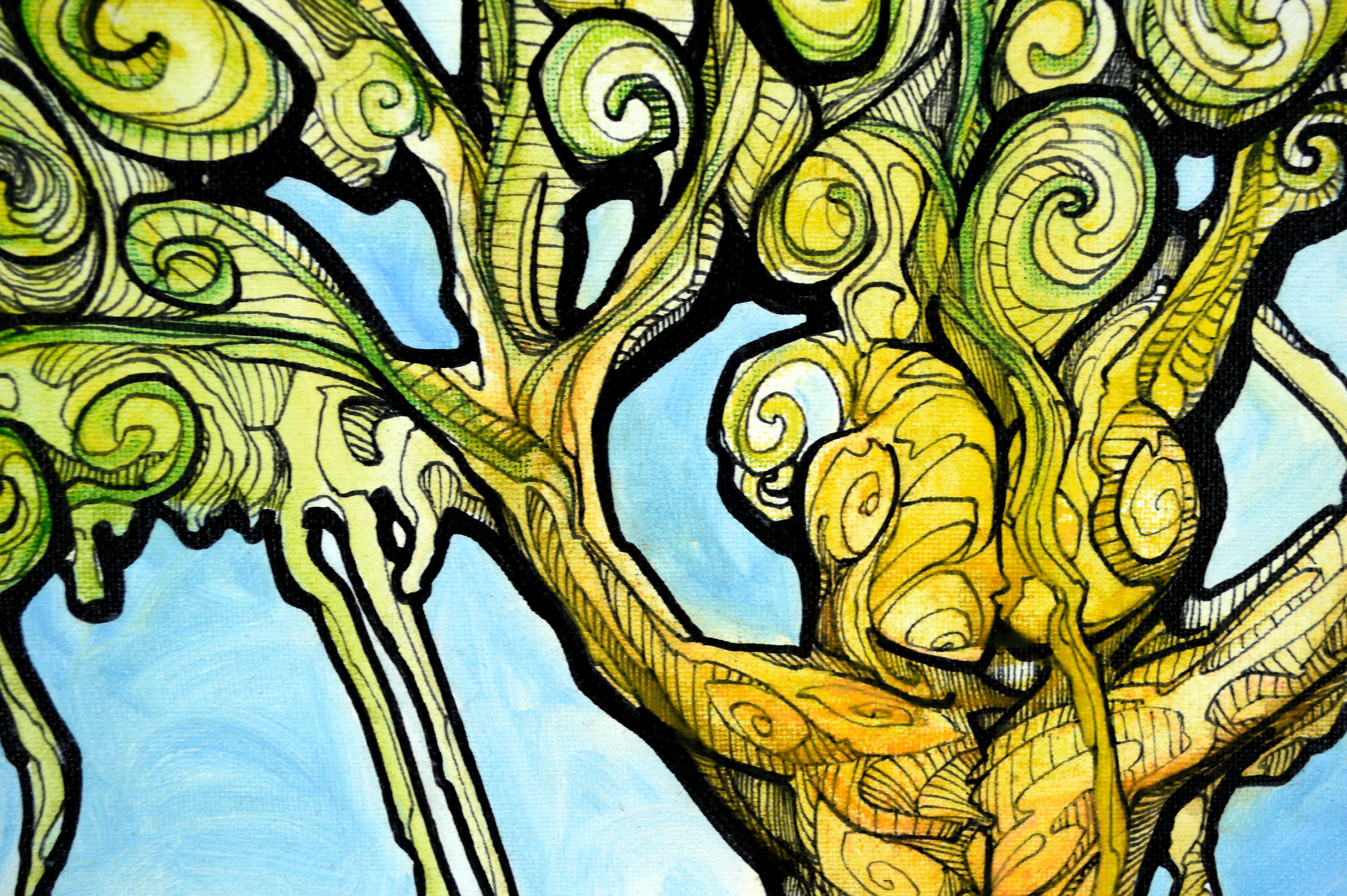 Un vivace dipinto contemporaneo in stile street art di un albero astratto con due figure abbracciate che creano il tronco, opera dell'artista di Santa Cruz, California, Elliott Bliss (americano, nato nel XX secolo). I colori vivaci e i motivi audaci